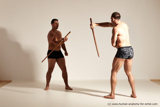 Underwear Fighting Man White Muscular Short Brown Dynamic poses Academic