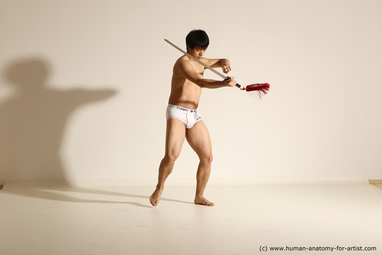 Underwear Fighting with sword Man Asian Athletic Short Black Dynamic poses Academic