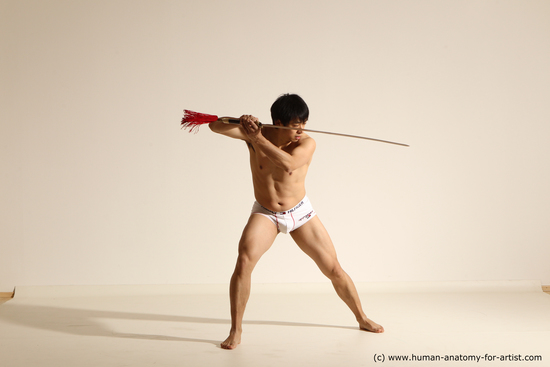 Underwear Fighting with sword Man Asian Athletic Medium Black Dynamic poses Academic
