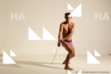 Underwear Fighting with sword Man Asian Athletic Long Black Dynamic poses Academic