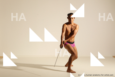 Underwear Fighting with sword Man Asian Athletic Long Black Dynamic poses Academic
