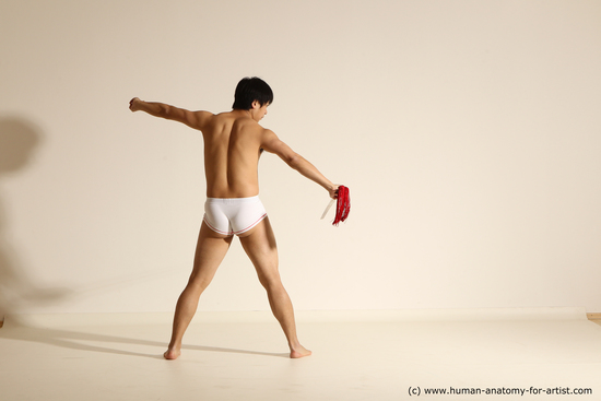 Underwear Fighting with sword Man Asian Slim Short Black Dynamic poses Academic