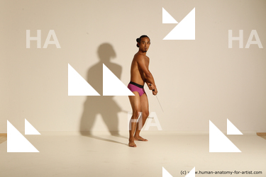 Underwear Fighting with sword Man Asian Athletic Long Black Dynamic poses Academic