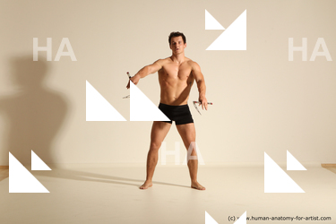 Underwear Fighting Man White Muscular Short Brown Dynamic poses Academic