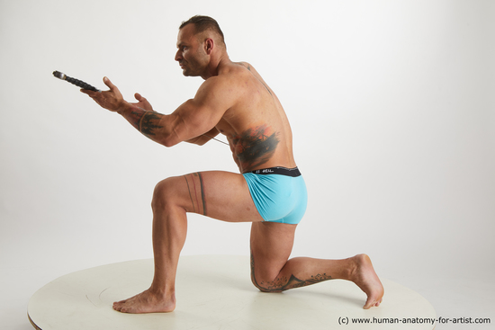 Underwear Fighting with sword Man White Kneeling poses - ALL Muscular Short Brown Kneeling poses - on one knee Standard Photoshoot Academic
