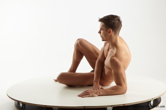 Nude Man White Laying poses - ALL Athletic Short Brown Laying poses - on side Standard Photoshoot Realistic