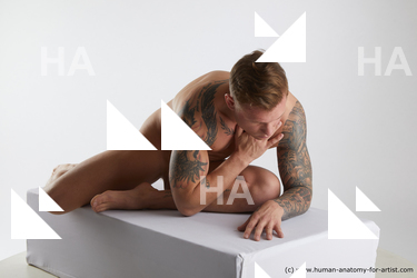 Nude Man White Laying poses - ALL Slim Short Brown Laying poses - on side Standard Photoshoot Realistic