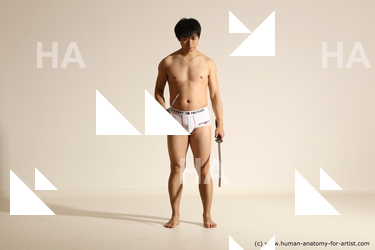 Underwear Fighting with sword Man Asian Standing poses - ALL Slim Short Black Dynamic poses Academic Fighting poses - ALL
