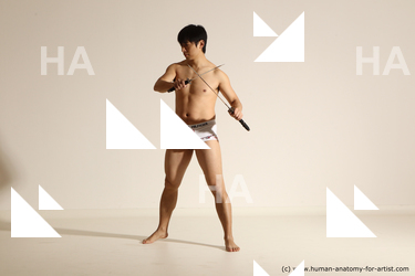 Underwear Fighting with sword Man Asian Standing poses - ALL Slim Short Black Dynamic poses Academic Fighting poses - ALL