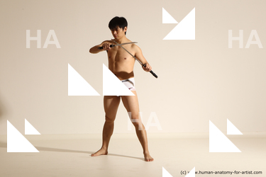 Underwear Fighting with sword Man Asian Standing poses - ALL Slim Short Black Dynamic poses Academic Fighting poses - ALL