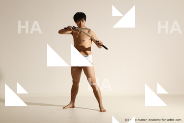 Underwear Fighting with sword Man Asian Standing poses - ALL Slim Short Black Dynamic poses Academic Fighting poses - ALL