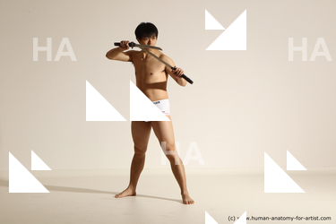 Underwear Fighting with sword Man Asian Standing poses - ALL Slim Short Black Dynamic poses Academic Fighting poses - ALL