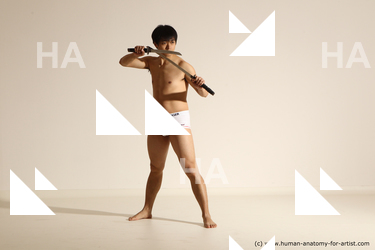 Underwear Fighting with sword Man Asian Standing poses - ALL Slim Short Black Dynamic poses Academic Fighting poses - ALL
