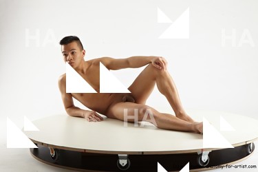 Nude Man Asian Laying poses - ALL Slim Short Laying poses - on side Black Standard Photoshoot Realistic
