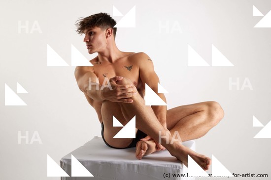 Underwear Man White Sitting poses - simple Muscular Short Brown Sitting poses - ALL Standard Photoshoot Academic