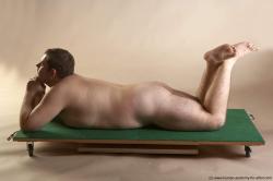 Nude Man White Laying poses - ALL Overweight Short Brown Laying poses - on back Realistic