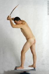 Nude Fighting with sword Man White Standing poses - ALL Slim Short Black Standing poses - simple Realistic