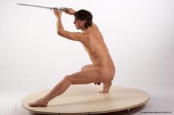 Nude Fighting with sword Man White Standing poses - ALL Slim Short Brown Standing poses - knee-bend Realistic