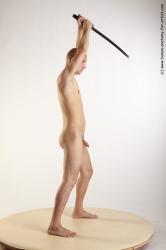 Nude Fighting with sword Man White Standing poses - ALL Slim Bald Standing poses - simple Realistic