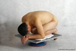 Nude Man Asian Kneeling poses - ALL Slim Short Black Realistic