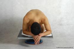 Nude Man Asian Kneeling poses - ALL Slim Short Black Realistic