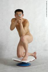 Nude Fighting with gun Man Asian Kneeling poses - ALL Slim Short Kneeling poses - on one knee Black Realistic