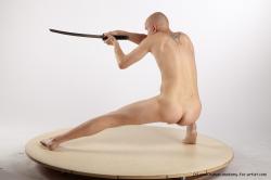 Nude Fighting with sword Man White Standing poses - ALL Slim Bald Standing poses - knee-bend Realistic