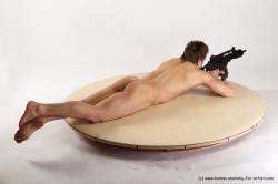 Nude Fighting with submachine gun Man White Sitting poses - simple Muscular Short Brown Sitting poses - ALL Realistic