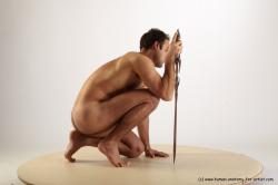 Nude Fighting with knife Man White Kneeling poses - ALL Slim Short Kneeling poses - on one knee Black Realistic