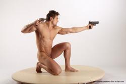 Nude Fighting with gun Man White Kneeling poses - ALL Muscular Short Brown Kneeling poses - on one knee Realistic
