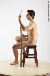 Nude Fighting with spear Man White Sitting poses - simple Slim Short Brown Sitting poses - ALL Realistic
