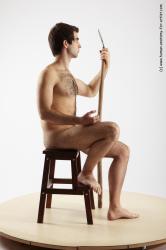 Nude Fighting with spear Man White Sitting poses - simple Slim Short Brown Sitting poses - ALL Realistic