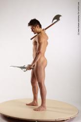 Nude Fighting with axe Man White Standing poses - ALL Muscular Short Brown Standing poses - simple Realistic