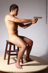 Nude Fighting with gun Man White Sitting poses - simple Slim Short Brown Sitting poses - ALL Realistic