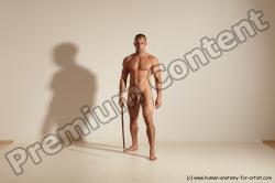 Nude Fighting with sword Man White Standing poses - ALL Muscular Short Brown Standing poses - simple Dynamic poses Realistic