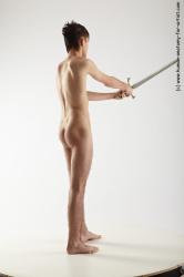 Nude Fighting with sword Man White Slim Short Brown Realistic