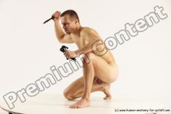 Nude Fighting with knife Man White Slim Short Brown Multi angles poses Realistic