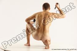 Nude Fighting with knife Man White Slim Short Brown Multi angles poses Realistic