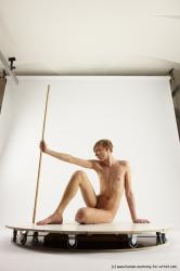 Nude Fighting with spear Man White Underweight Medium Brown Multi angles poses Realistic