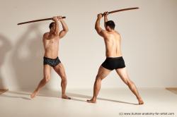 Underwear Fighting with spear Man - Man White Athletic Short Brown Dynamic poses Academic