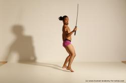 Underwear Fighting with sword Man Asian Athletic Long Black Dynamic poses Academic